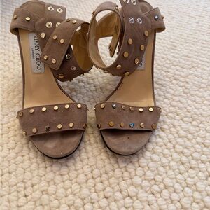 Jimmy Choo studded block heels brown tan suede